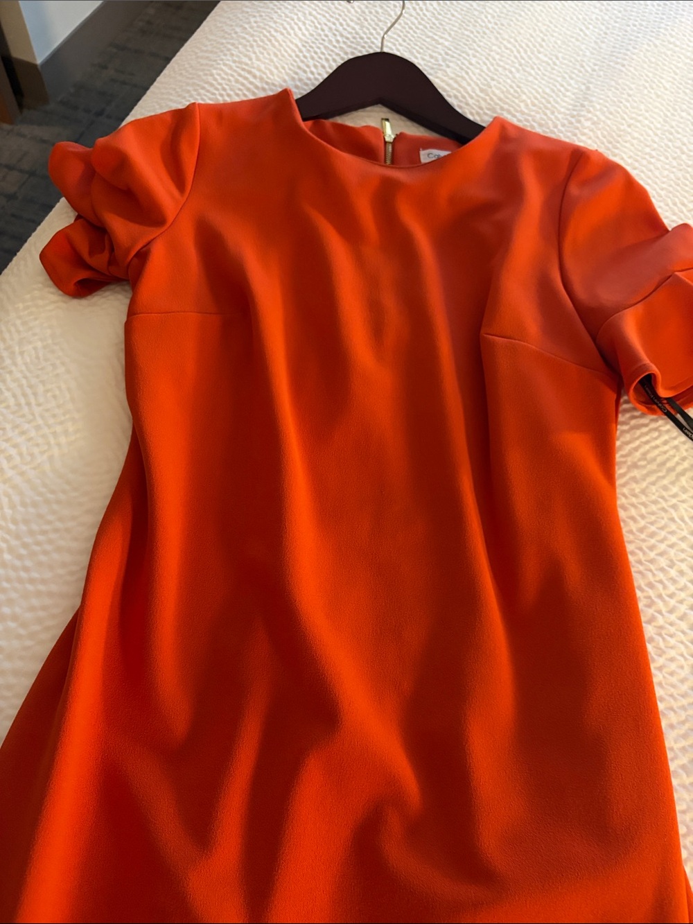Calvin Klein Orange Midi Dress with Puff Sleeves